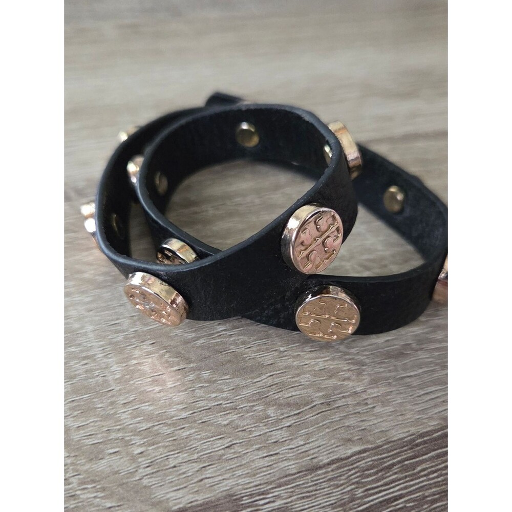 Tory Burch Black Leather Wrap Bracelet with Gold Logo Studs